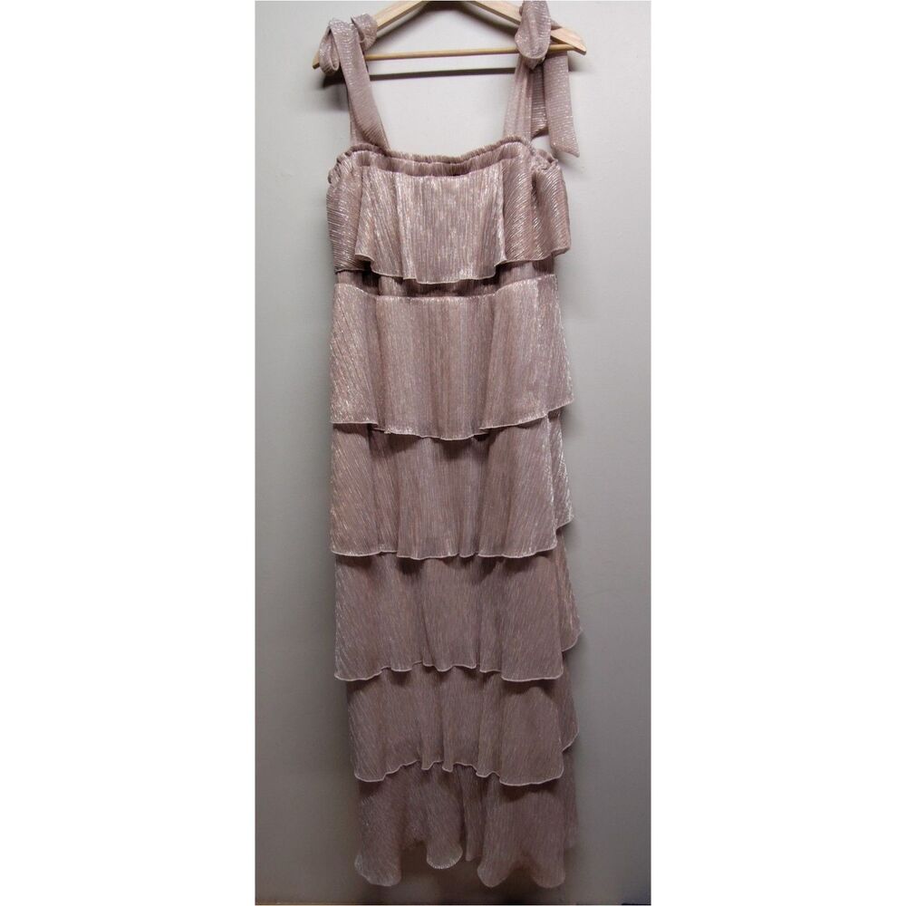 Show Me Your Mumu Tiered Maxi Dress Women XXL Tan Shimmer Ruffles Formal Dance